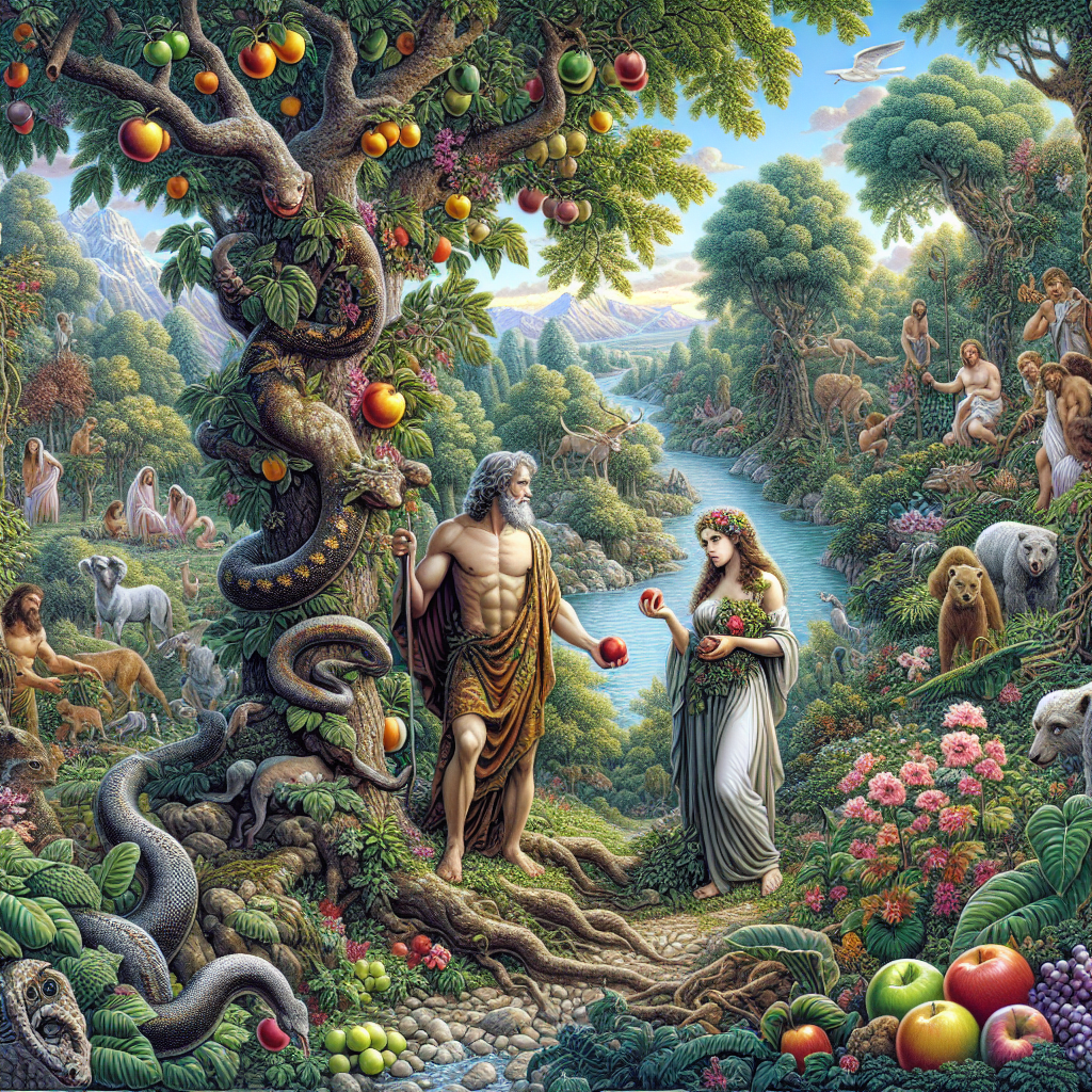 Illustration of Gênesis 3 explicado: queda de Adão e Eva no Jardim do Éden