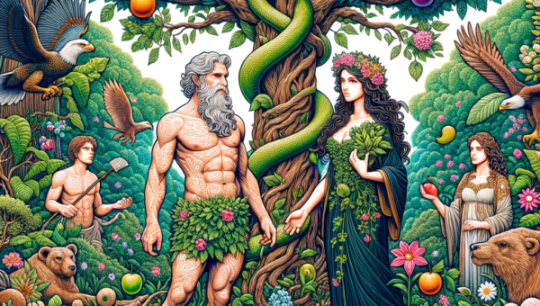 Illustration of Gênesis 3 explicado: queda de Adão e Eva no Jardim do Éden