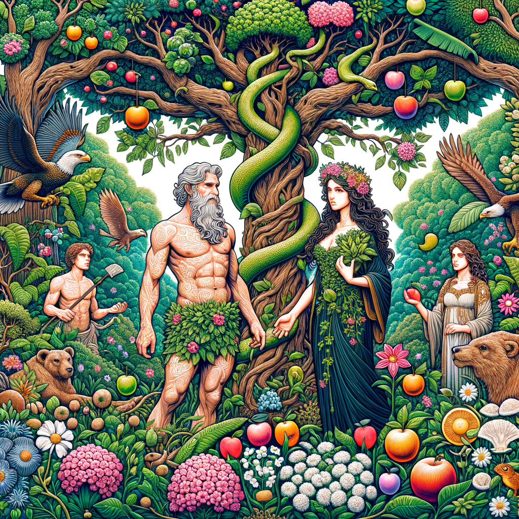 Illustration of Gênesis 3 explicado: queda de Adão e Eva no Jardim do Éden